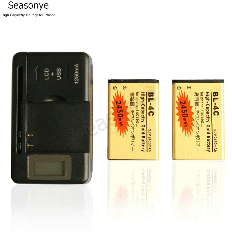 Seasonye 2x2450 мАч BL 4C / BL4C Золотой сменный аккумулятор + ЖК зарядное устройство для Nokia