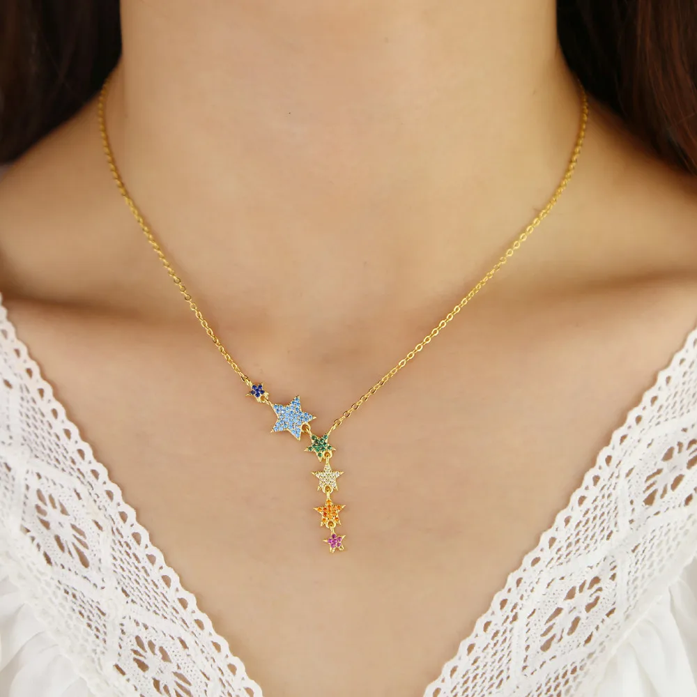 gold filled Women Fashion jewelry Micro pave colorful cz lucky rainbow star link chain sexy multi layer choker charm necklaces | Украшения