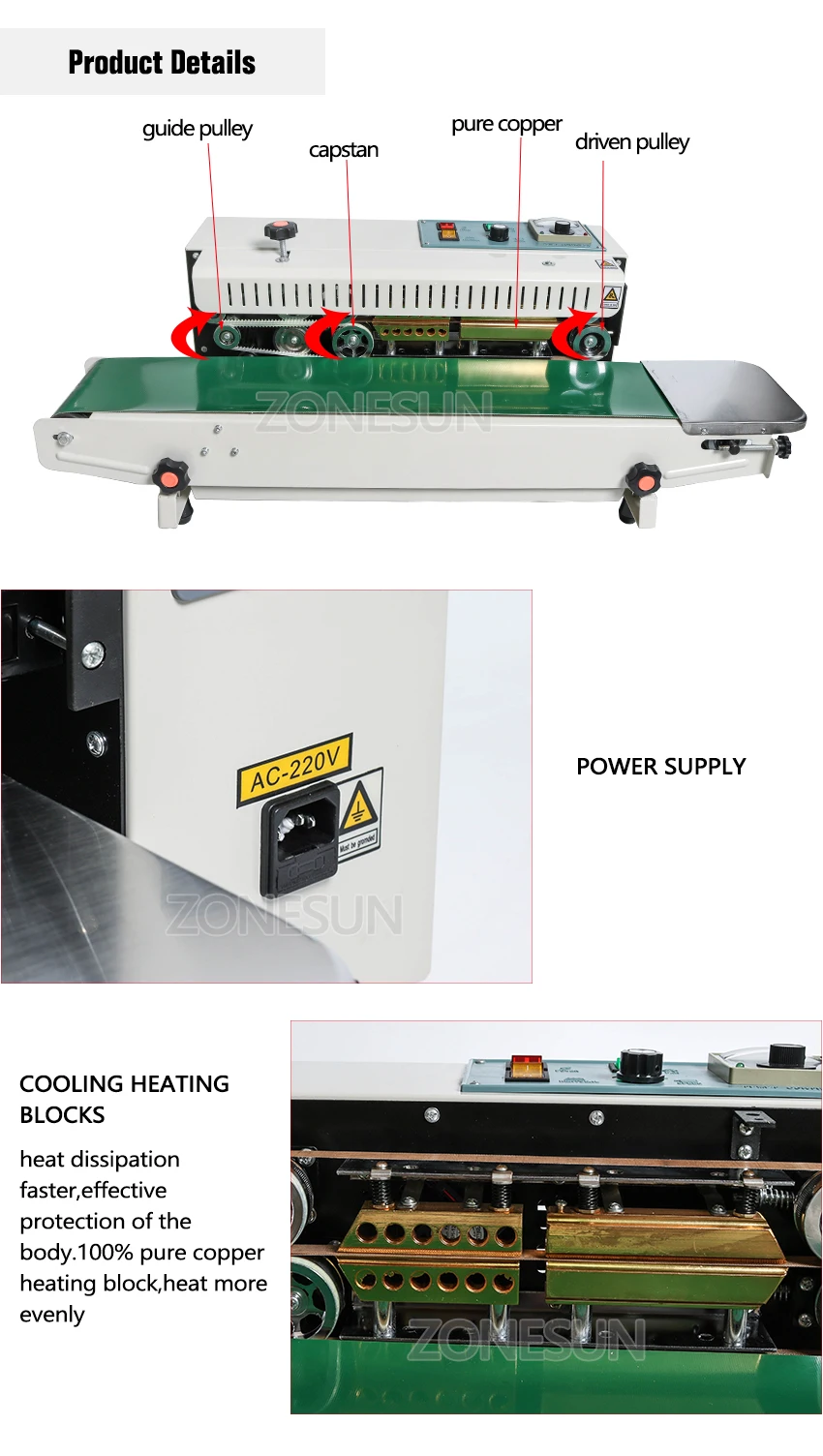 ZONESUN FR-900 Автоматическая непрерывная машина запечатывания пленки, упаковка из полиэтиленового пакета машина, расширенный пищевой ленточный герметик