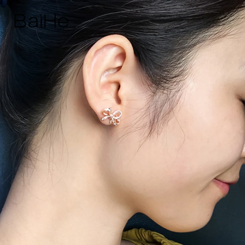 BAIHE Твердые 14 к желтое золото 0.32ct H/SI натуральные бриллианты свадебные женские модные ювелирные украшения красивый бант серьги-гвоздики с бриллиантами