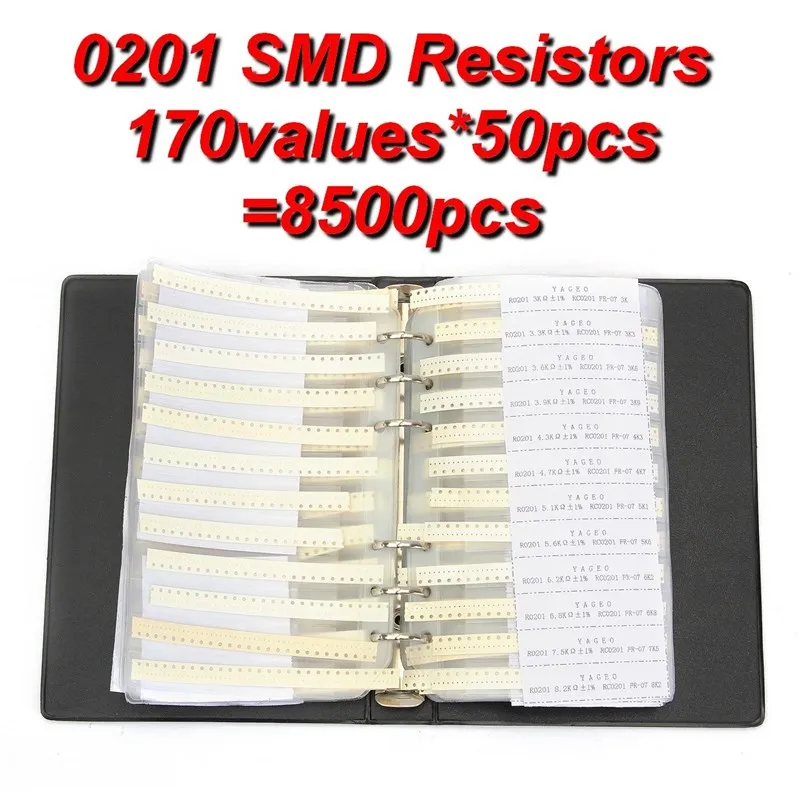 Новое поступление 0201 книга образцов 1% 0 Ом до 10 м SMD SMT чип комплект резисторов в ассортименте 170 значения X50 шт 8500 шт резистор Ассорти набор