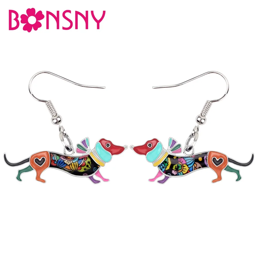

Bonsny Enamel Alloy Floral Collar Dachshund Dog Earrings Dangle Drop Big Long Fashion Cartoon Animal Jewelry For Women Girl Gift