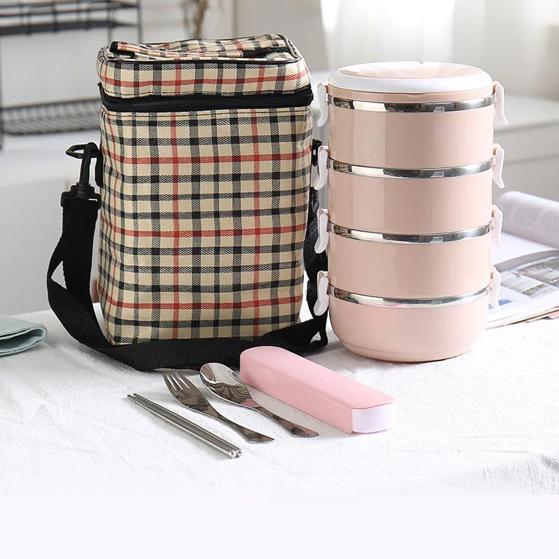 Pink 4 Layer And Bag 304 контейнер для еды из нержавеющей стали, термос для детей и взрослых, пластиковый ланчбокс для школьных бенто, ланч-боксы, кухонные принадлежности, японский стиль - Цвет: Pink 4 Layer And Bag
