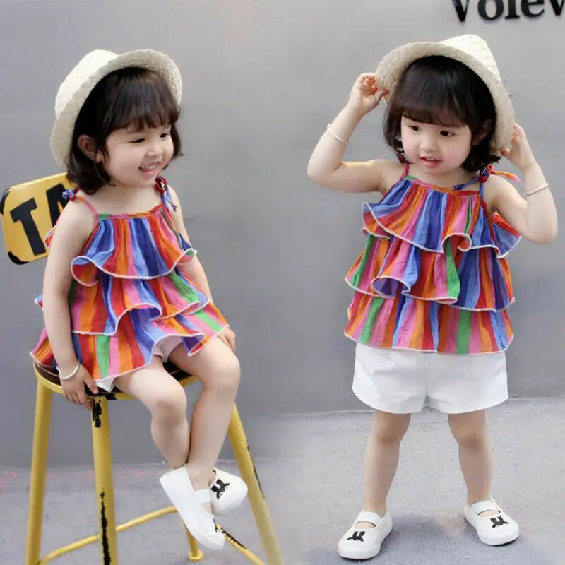Новинка лета 2019 милый жилет с оборками для маленьких девочек Радужный топ на