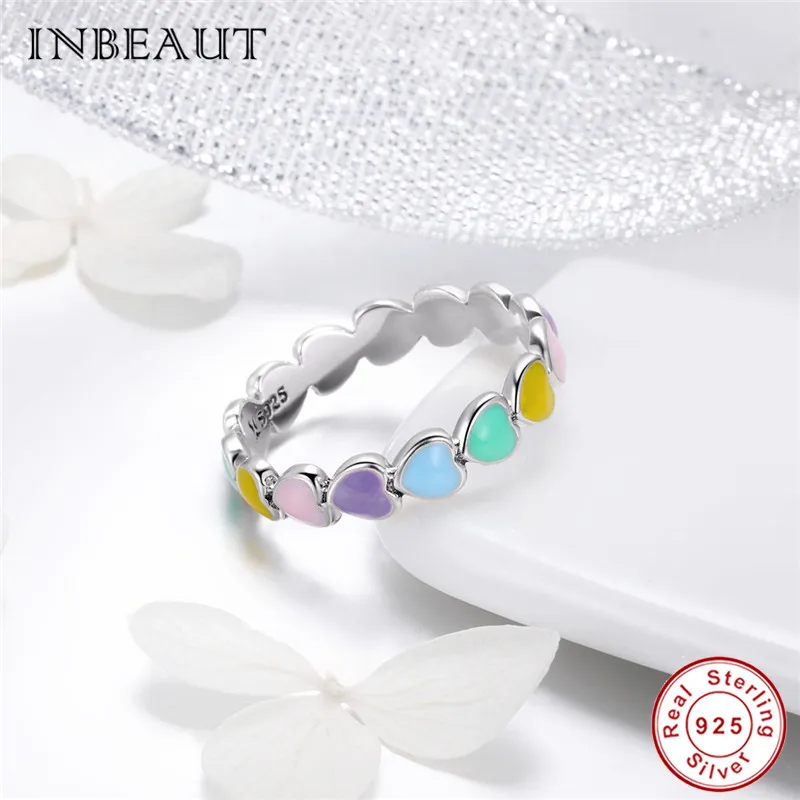 INBEAUT Настоящее 925 пробы Серебряное розовое и желтое кольцо с эмалью Радужное сердце для женщин длинные разноцветные серьги Ювелирные наборы