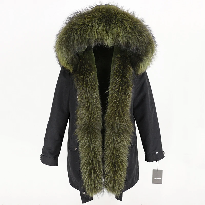 black green Женская парка с мехом енота OFTBUY, черное водонепроницаемое пальто на меху, с большим капюшоном с отделкой из натурального меха енота, верхняя одежда со съемным мехом, зима - Цвет: black green