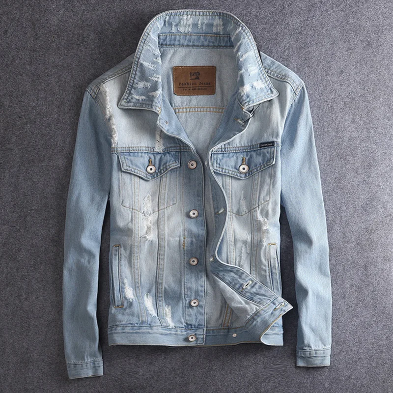 

Korean Style Fashion Men Jackets Retro Light Blue Vintage Ripped Denim Jacket Men Cotton Coats Streetwear Simple Chaqueta Hombre