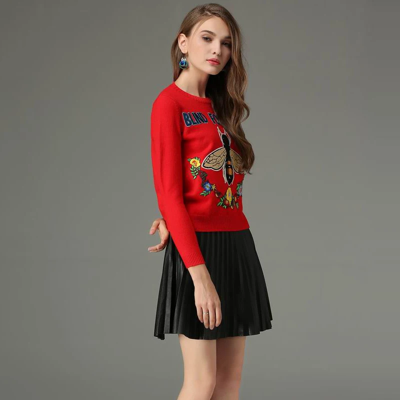 New 2018 Woman Round Collar Elegant Thicken Butterfly Flower Embroidery Knitted Pullovers Jumper Tops Sweaters Red Black | Женская