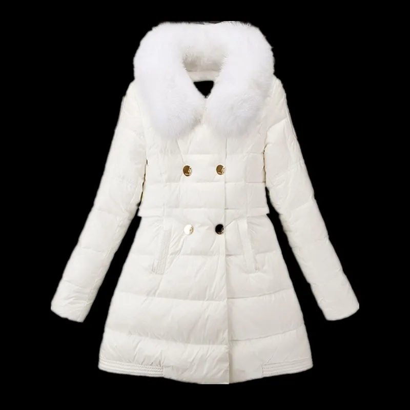 Real fur white Хит, Новая зимняя Женская куртка, 90% белый утиный пух, пальто, теплые парки, Воротник из натурального меха, длинный пуховик, однотонное белое пальто, пальто - Цвет: Real fur white
