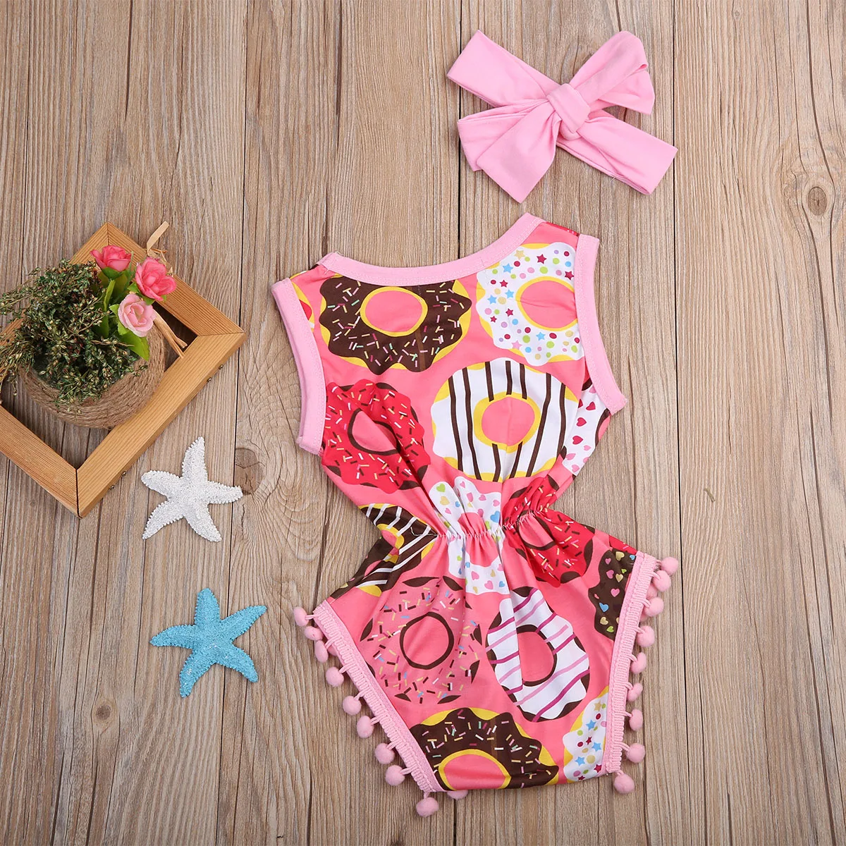 2019 Summer Baby Newborn Infant Girls Donuts Romper Sunsuit Sleeveless Tassle Jumpsuit Casual Clothing Outfits | Мать и ребенок