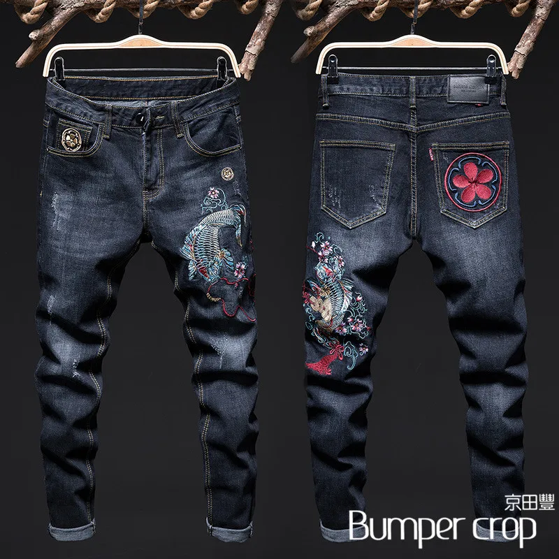 

Джинсы BUMPERCROP мужские с вышивкой в стиле хип-хоп, мягкие брюки из денима в японском стиле, с цветочной вышивкой, синие, уличная одежда, 2020