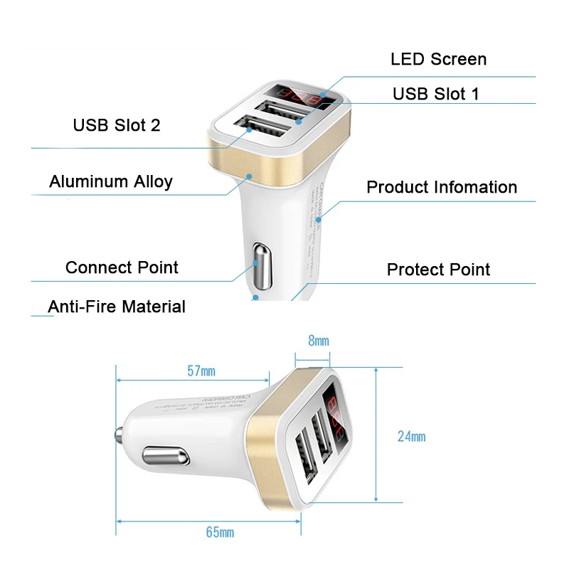 5 V 2.1A ЖК-дисплей зарядное устройство для автомобиля с двумя портами USB