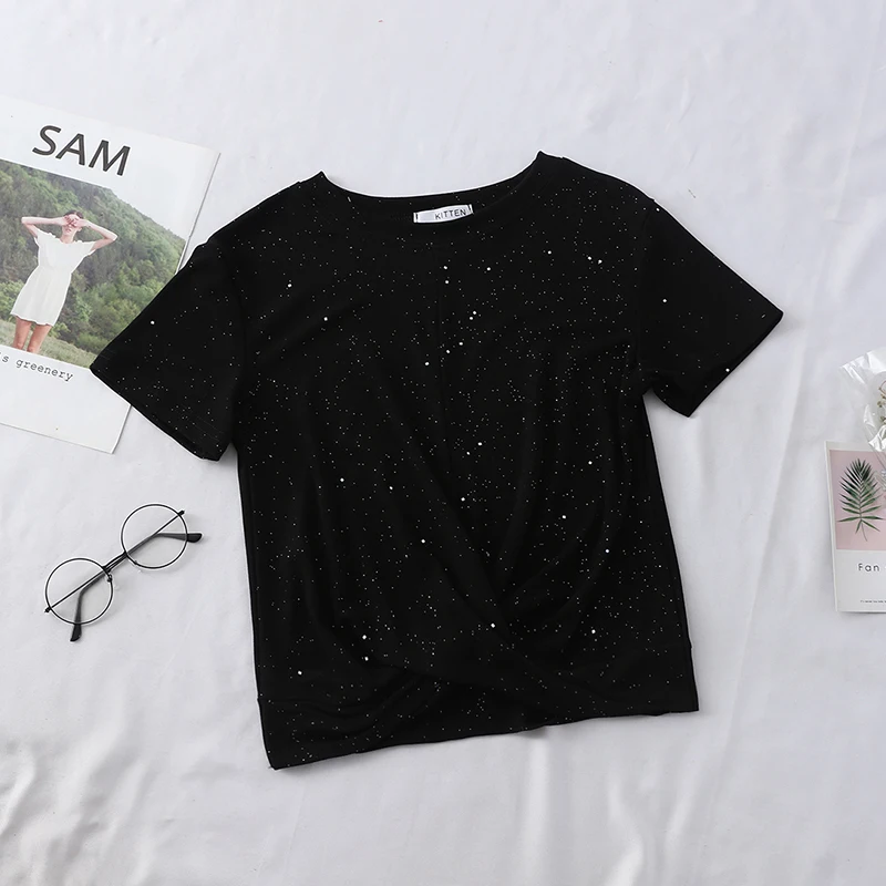 2019 Летняя Сексуальная футболка с перекрестным узлом и коротким рукавом женские