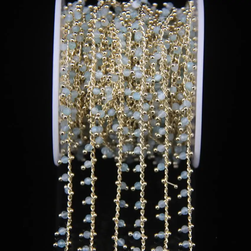 5Meter 2mm Faceted Aquamarine Rosary Chain Small Size Round Beads Gold Color Brass Wire Wrapped Necklace Sweater Chains | Украшения и