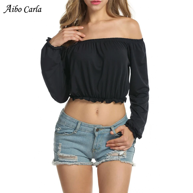 Sexy Off Shoulder Womens Tops And Blouses Ruffles Backless Long Sleeve Women 2018 Summer Blouse Crop Top |