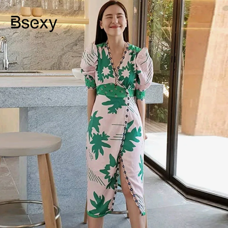 Elegant Women Midi Dress OL Fashion V neck Puff Sleeve Leaves Print Pack hip Dress Faux Silk Split Pencil Dress Female