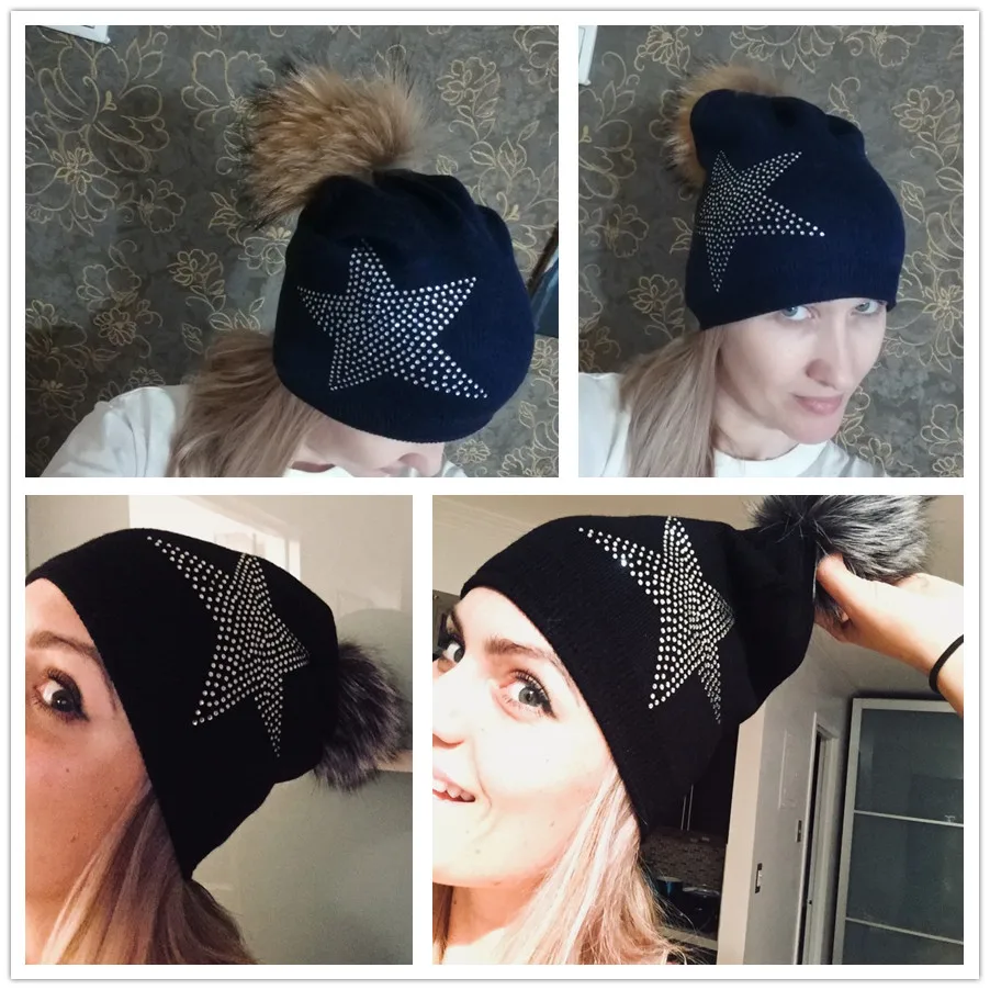

new women's wool winter hat with real pompom cashmere beanies bling crystal star soft thermal genuine mink fox star poms beanie