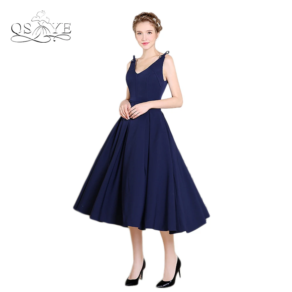 Темно Синие атласные вечерние платья длиной до колена 2017 Vestidos с v образным