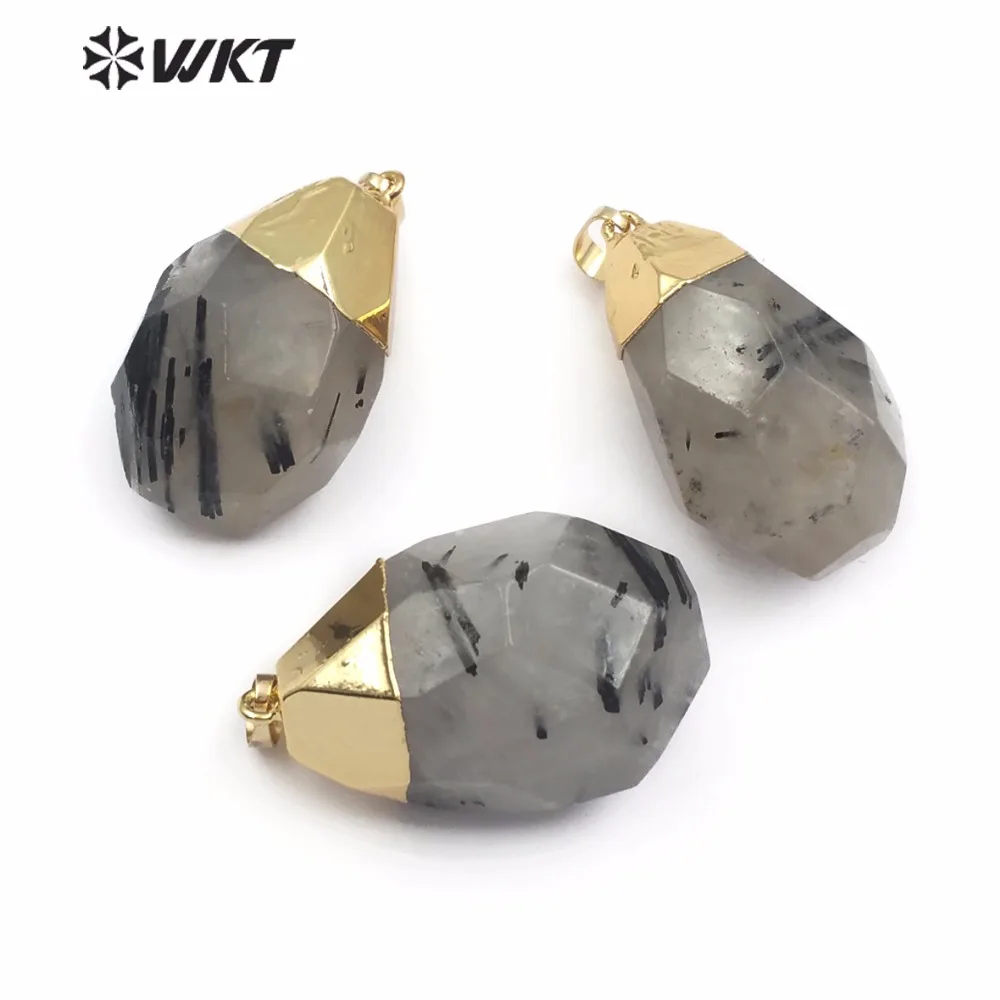 

WT-P1439 новый черный rutilated Кварцевый кулон с золотой крышкой native crystal неправильной формы для колье серьги кулон ювелирные изделия
