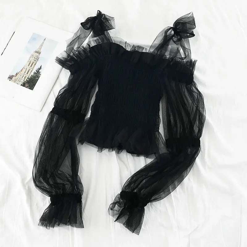 Women Shirts Женское с буфами Flare рукавом Slash шеи Базовая рубашка с оборками Повседневное эластичные тонкие Высокая Талия Тюль пуловер Mesh сетчатая вуаль Блузка Топы - Цвет: Women Shirts