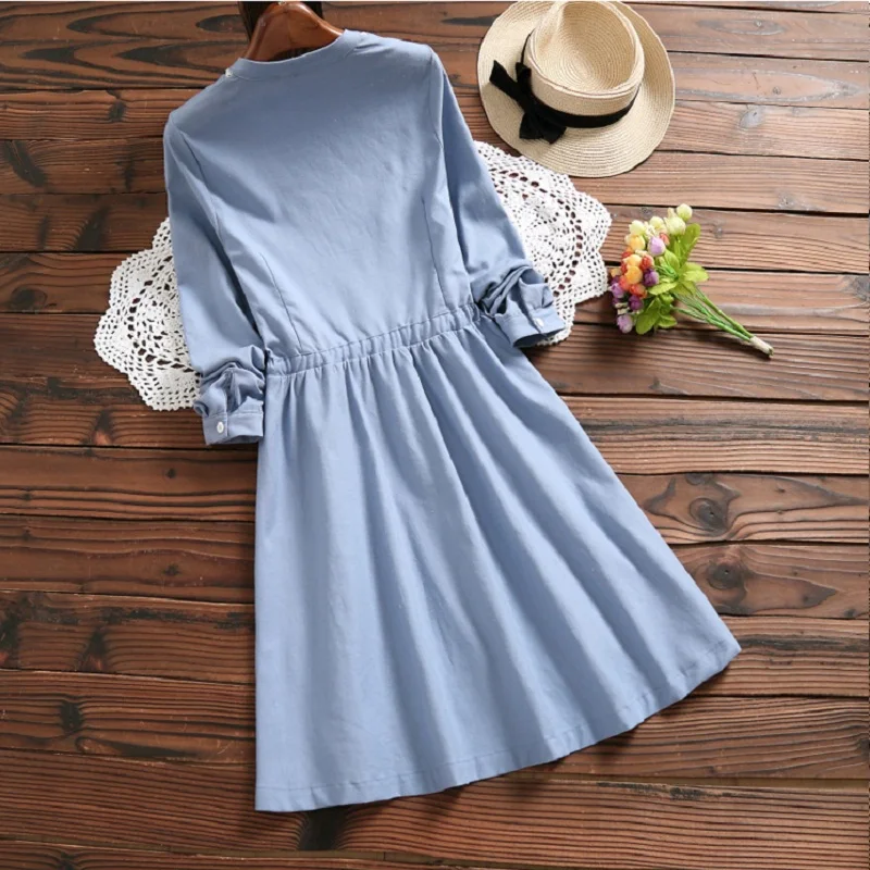 Милый осень весна Для женщин синий мини платье краткое стенд воротник