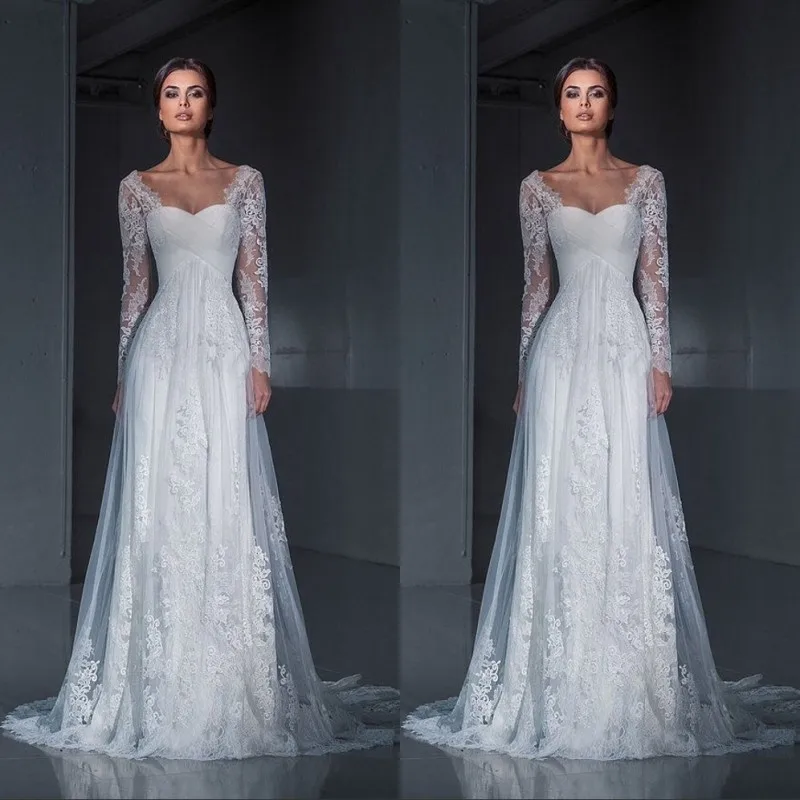 Винтаж Длинные Рукава Милая Шеи Кружева Аппликация Тюль Свадебные Платья