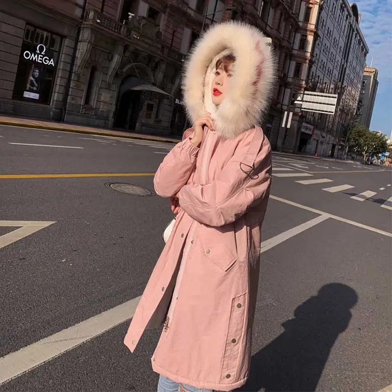 pink Разноцветное пальто с мехом больших размеров зимнее пуховое пальто с капюшоном Женская куртка Толстая теплая длинная стеганая ватная парка с большим карманом - Цвет: pink