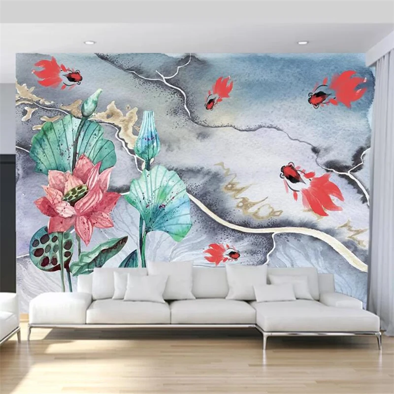 

wellyu papel parede Custom wallpaper Ink watercolor hand-painted lotus goldfish Chinese style living room wall decoration 3d