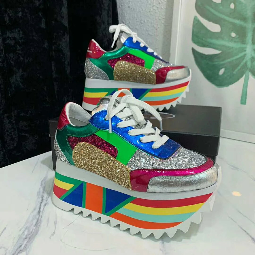 Royal Belle 2019 Hot BlingBling Sequins Platform Sneakers Women Mixed Color Lace Up Thick Bottom Ladies Sports Shoes | Обувь