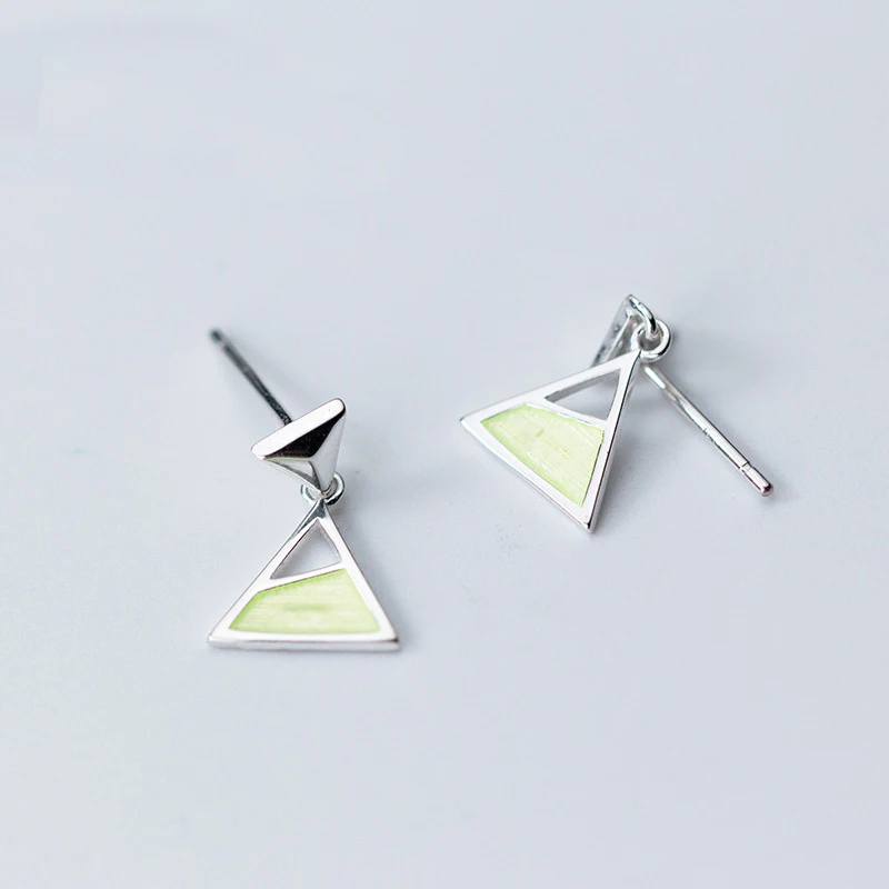 Korea Style Hollow Triangle Green Black Enamel 925 Sterling Silver Stud Earrings For Women Girls' Earring | Украшения и