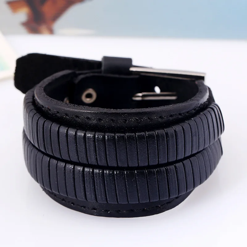 Мужской широкий браслет с двойной кожаной застежкой Винтажные Ювелирные