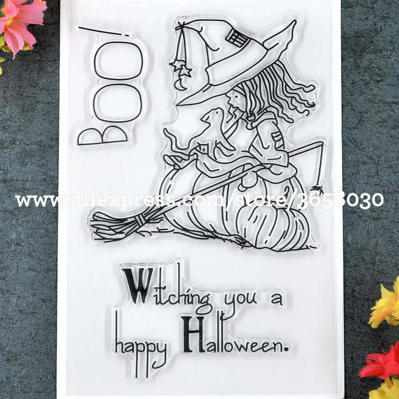 Ведьма и надписью "happy halloween" и рисунком с надписью «BOO Тыква для скрапбукинга "сделай сам" фотокарточек резиновые чистый штамп для скрапбукинга прозрачный штамп 11x16 см 8101662