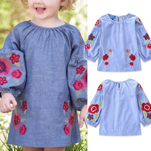 New Kid Girl Fashoion Denim Long Sleeve Floral Dress Clothes Girls Princess Baby Party Pageant | Детская одежда и обувь