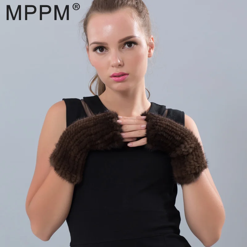 Женские вязаные варежки из натурального меха норки высокоэластичные женские