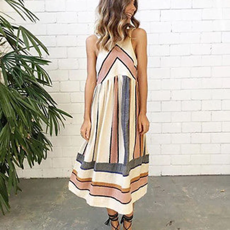 

2019 Fashion Elegant Women Summer Sleeveless Long Evening Party Dress Beach Dress Summer Sundress Women Vintage Striped Dresses