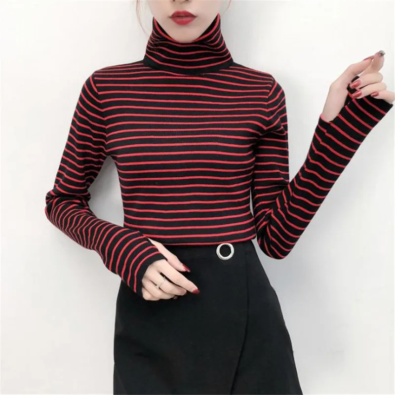 Chic Wind Knitted Sweater And Pullovers Women 2019 Fashion High Collar Striped Slim Pullover Classic Wild Basic Sweaters D716 | Женская