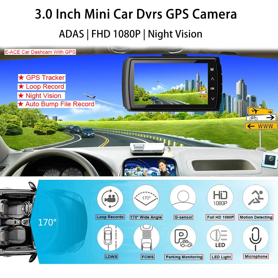 E-ACE автомобиля DVR, gps трекер Камера Full HD 1080P Мини Ночное видение видео Регистраторы 170 градусов ADAS LDWS Dashcam Авто Регистратор