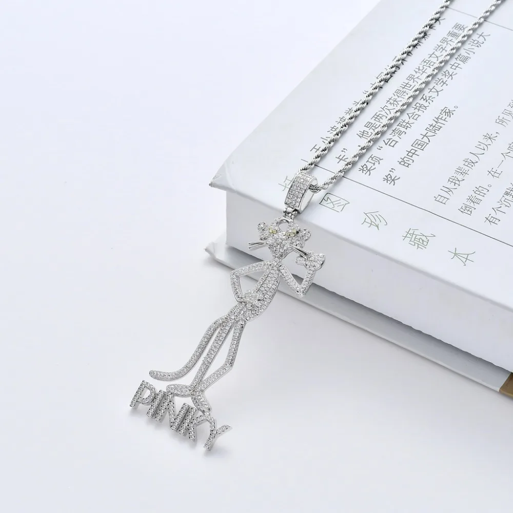 Микро проложили AAA кубического циркония Bling Iced Out Ankh крест Розовая пантера Подвески ожерелье для мужчин хип хоп рэппер ювелирные изделия серебро