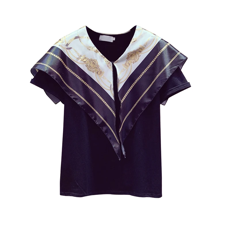 Корейский стиль шарф прошитая футболка для женщин лето темно синий отворот Blusas