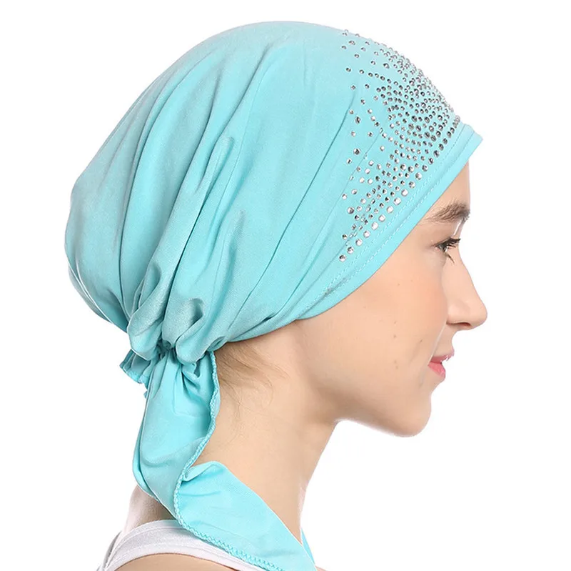 Fashion Women Headscarf Hat Thin Summer Muslim Inner Caps Solid Diamond Turban Bonnet Hijab India Head Wrap Hats For Ladies