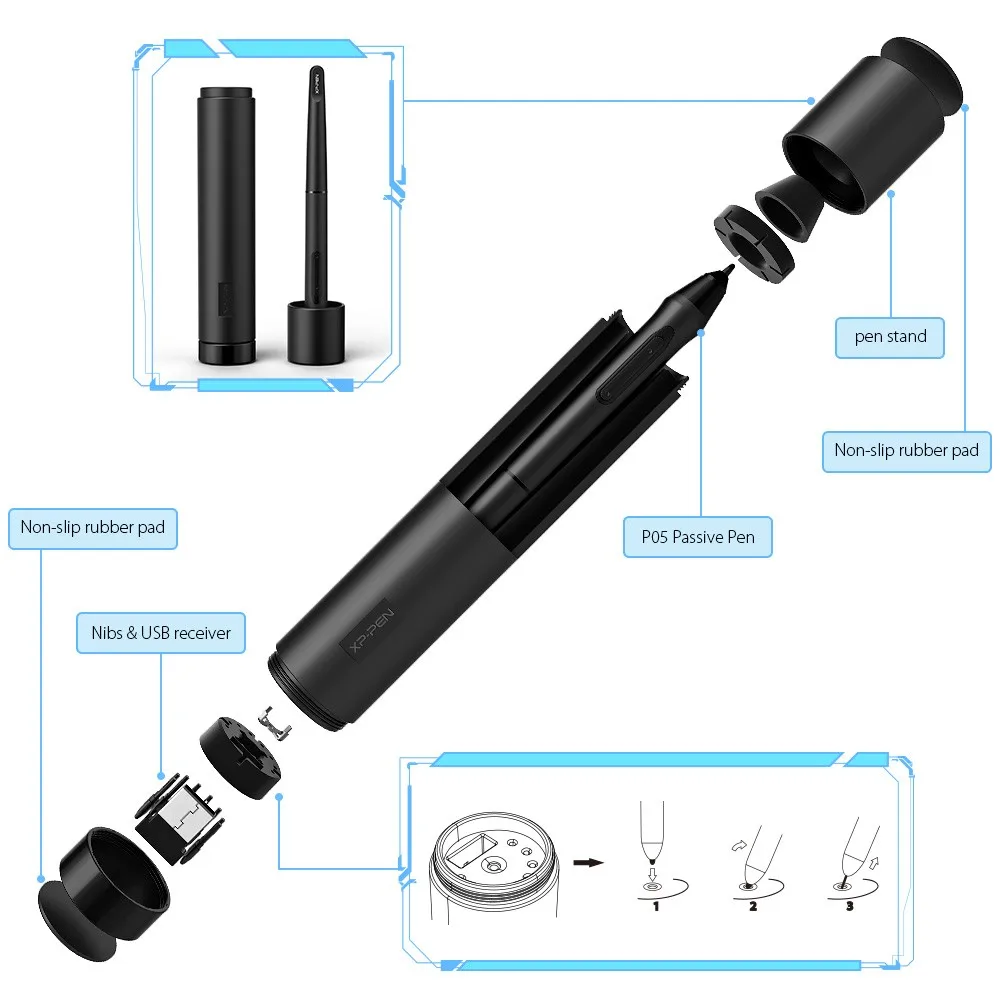 Графический планшет для рисования XP-Pen Deco 03 бесспроводный с многофункциональным колесиком и безбатарейным стилусом P05(8192) и 6 горячими клавишами