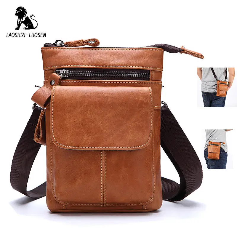 LAOSHIZI LUOSEN Fanny Pack Men Oil Wax Genuine Leather Waist Bag Phone Belt Fashion Brands Multifunction with Shoulder Strap | Багаж и