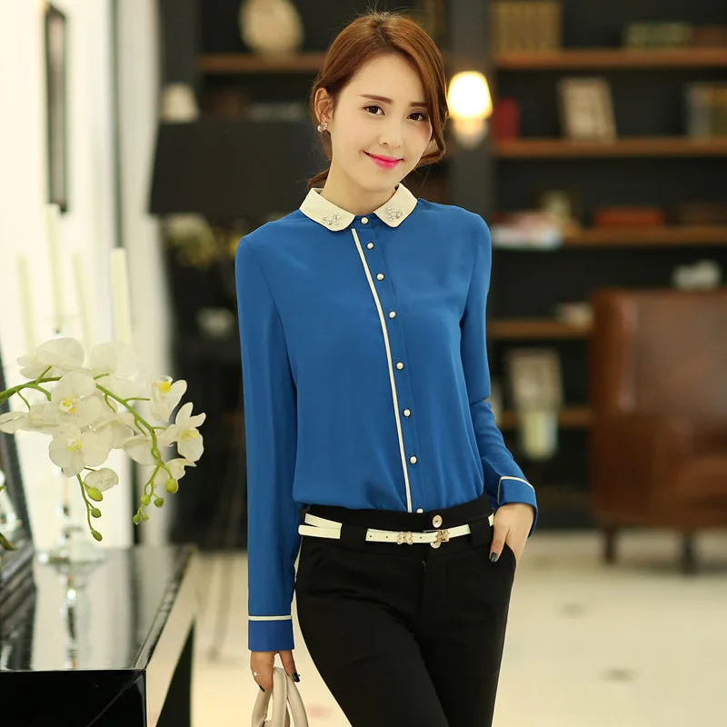 Новый 2015 осенью мода женщины твердые блузки горячая распродажа с длинным рукавом