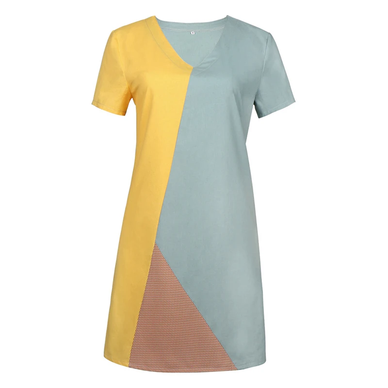 2019 summer fashion new stitching casual solid color V-neck short sleeve tri-color mosaic dress SJ2074Y | Женская одежда