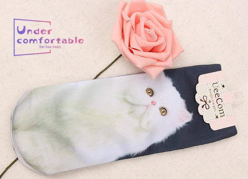 Летние модные женские короткие носки Kawaii с объемным принтом кота и киски; очаровательное индивидуальное нижнее белье для девочек - Цвет: white