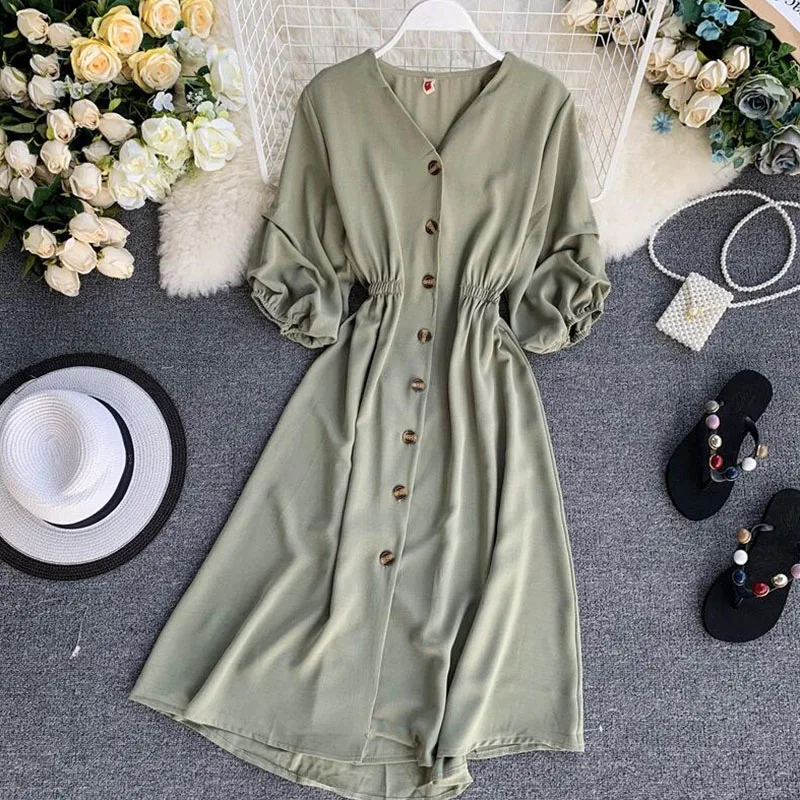 Летнее платье с высокой талией корейское и пятиконечным рукавом cc6 2019|Женские