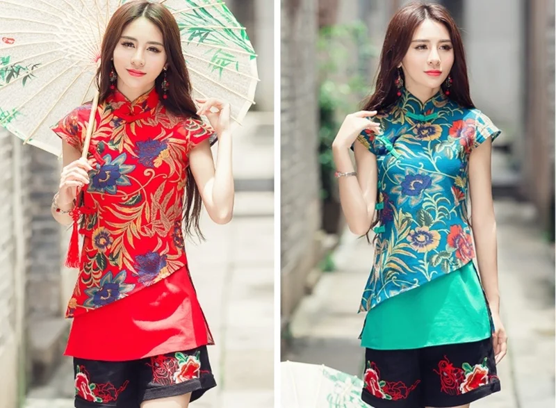 Шанхай Тан одежда женский китайский Cheongsam топы для женщин Лето ретро винтажная рубашка цветочные Женские китайские Топы TA1464
