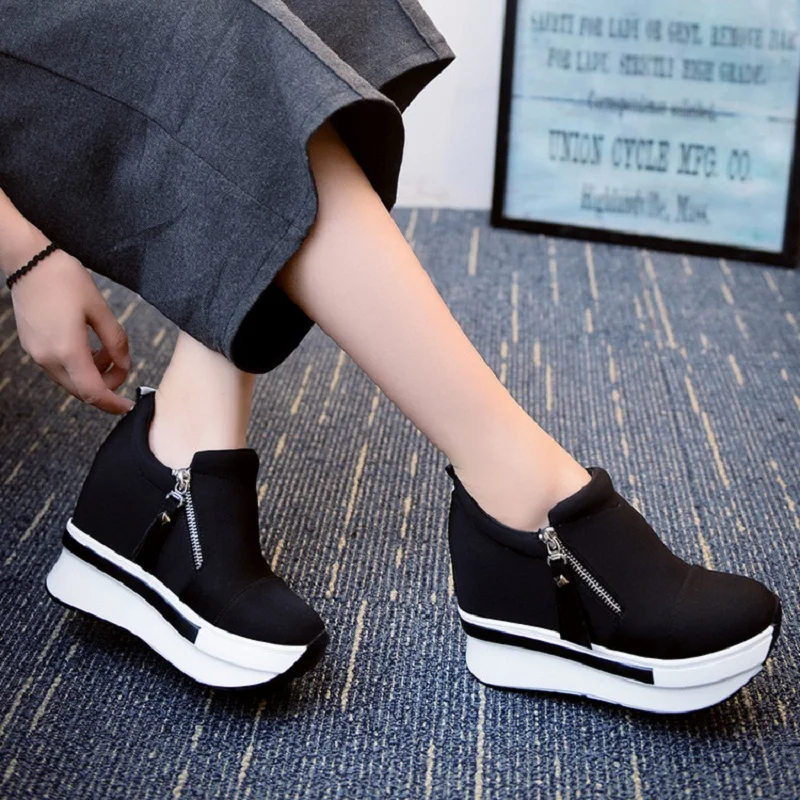 New 2021 Spring Women Wedges Shoes High Top Fashion Zipper Casual Female Height Increasing Platform Sneakers | Обувь