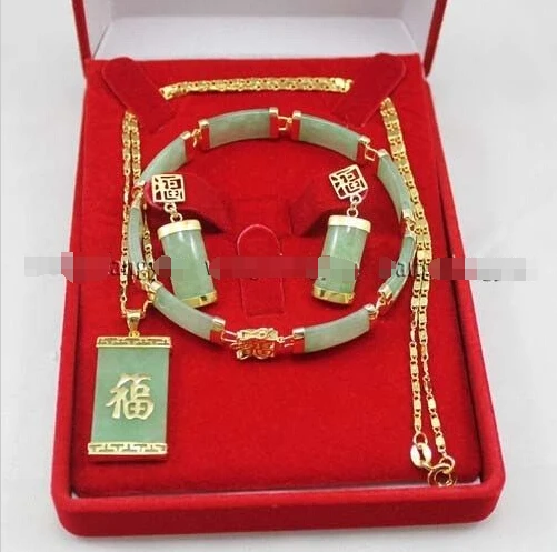 

Free shipping New style Natural noble jewelry Green stone Inlay Link Bracelet earrings Necklace Pendant Set