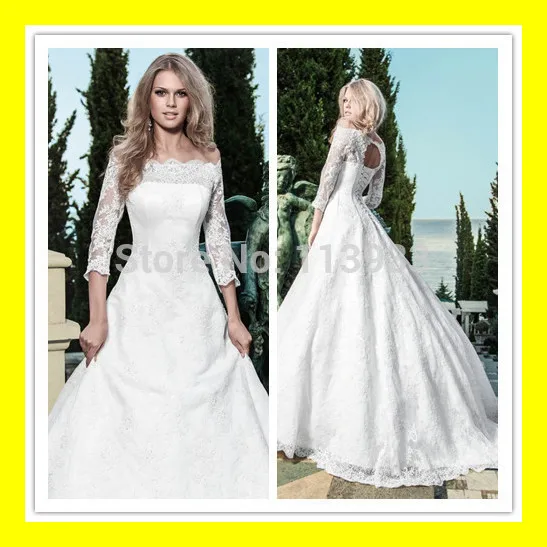 Second Wedding Dress Princess Floor-Length Court Train Lace Scoop Off The Shoulder Three Quarter Natural Up Built-In Bra Customi | Свадьбы и